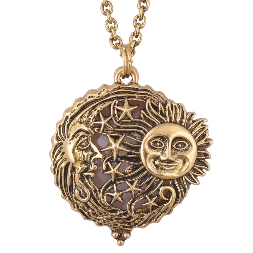 Lupe Glas Anhänger Sonne mit Mond und Sterne Halskette Antike Gold Farbe Schmuck Öffnet und Schließt
