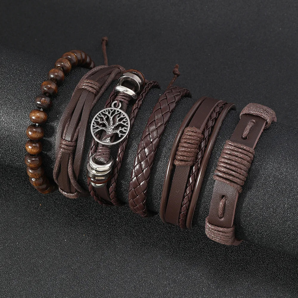 Punk Casual Bead6 Teil/satz Baum Schwarz Khaki Handgemachte Männer Armbänder Männlichen Frauen Leder Armbänder Männer Armreif Großhandel Schmuck Geschenk