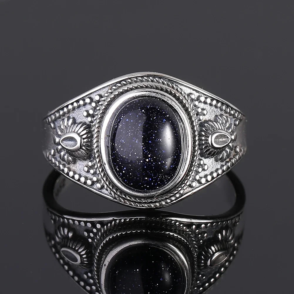 Ring aus 925er-Sterlingsilber, oval, rund, natürlicher blauer Sandstein, Ring für Frauen, Geschenk, Retro-Luxus, edler Schmuck