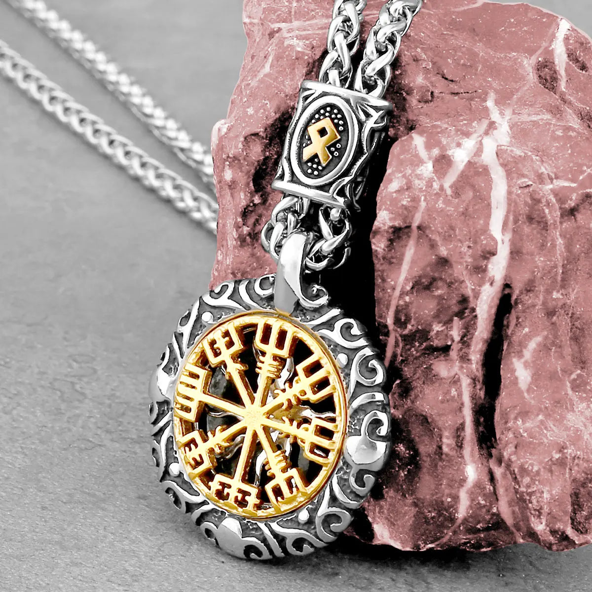 Kreatives Design Wikinger Rune Kompass Halskette Vintage Mode Amulett Edelstahl Anhänger für Herren Großhandel Schmuck