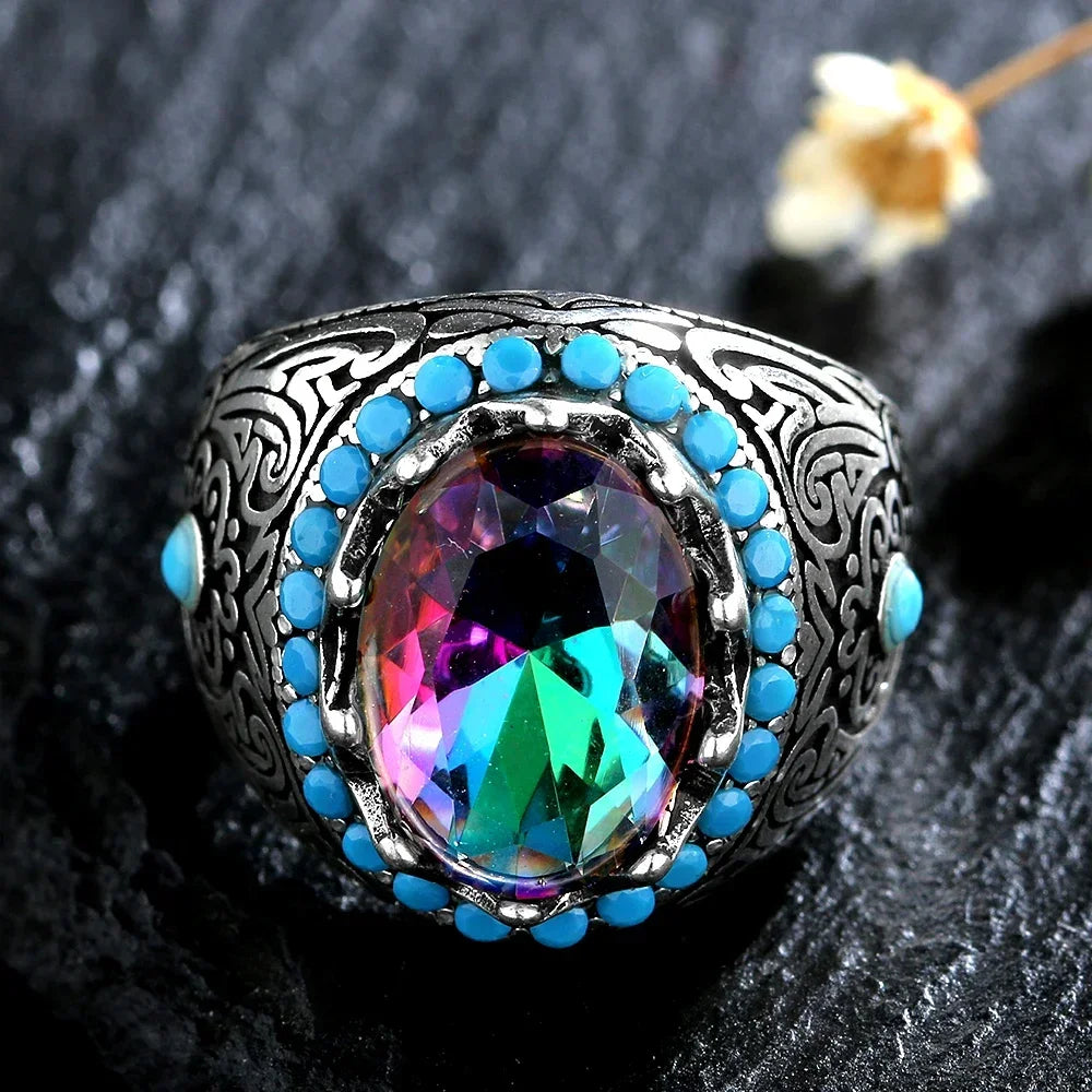 Silberring für Männer und Frauen, blauer Zirkon-Fingerring, Vintage-Edelschmuck, Aquamarin-Edelstein-Schmuck, Geschenk