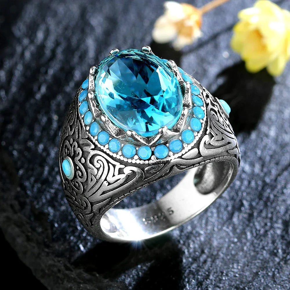 Silberring für Männer und Frauen, blauer Zirkon-Fingerring, Vintage-Edelschmuck, Aquamarin-Edelstein-Schmuck, Geschenk