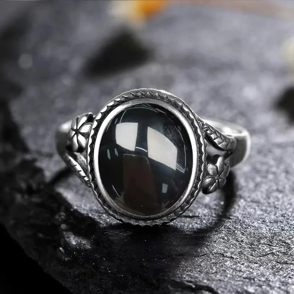 Vintage-Ring aus 925er Silber, natürlicher schwarzer Onyx-Ring, kreisförmiger Denier-Typ, Pferdeauge-Design, Geschenk, edler Schmuck, schwarzer Ring für Männer und Frauen