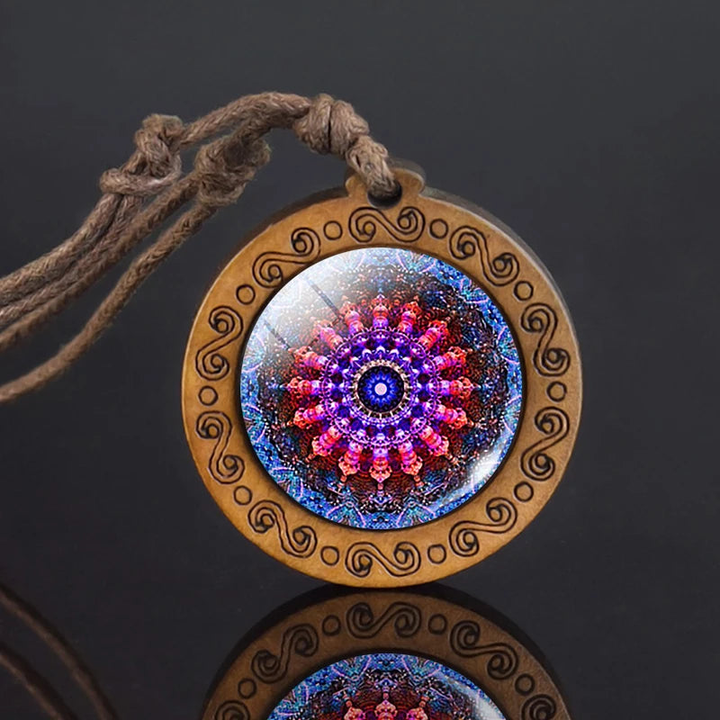 Mandala-Glas-Halskette, Retro-Kunst, Holzanhänger, buddhistische Heilige Geometrie, Schmuck, spirituelles Yoga-Geschenk