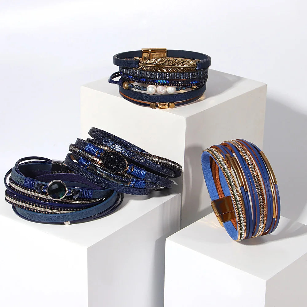 ALLYES Retro Blaue Lederarmbänder für Damen Herren Boho Charm Perle Kristall Herz Mehrschichtiges Wickelarmband & Armreif Schmuck Geschenke