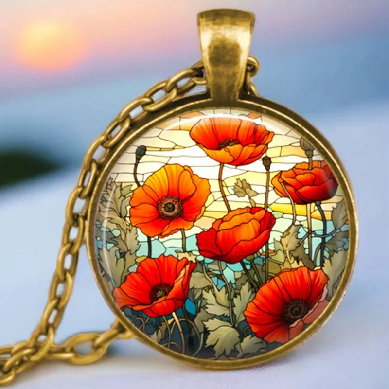 Vintage Antik vergoldete bunte süße Erbsenblume Glas Anhänger Halskette für Frauen Schmuck