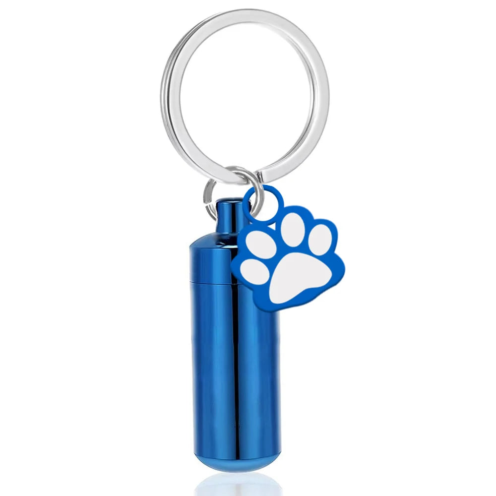 Haustier-Urnen-Schlüsselanhänger, Pfotenabdruck, Zylinder-Urnen-Anhänger, Schlüsselanhänger für Hunde, Asche, Welpen, Kätzchen, Asche, Andenken, Feuerbestattung, Gedenk-Anhänger