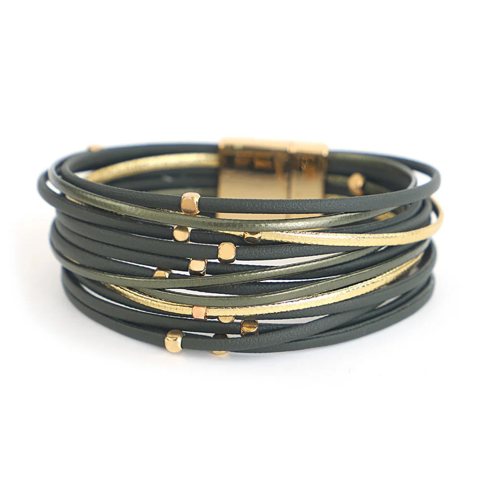 ALLYES Vintage grünes mehrschichtiges Wickelarmband aus Leder für Damen und Herren, Boho-Armbänder mit eingelegten Strasssteinen und Armreifen, Charm-Schmuck
