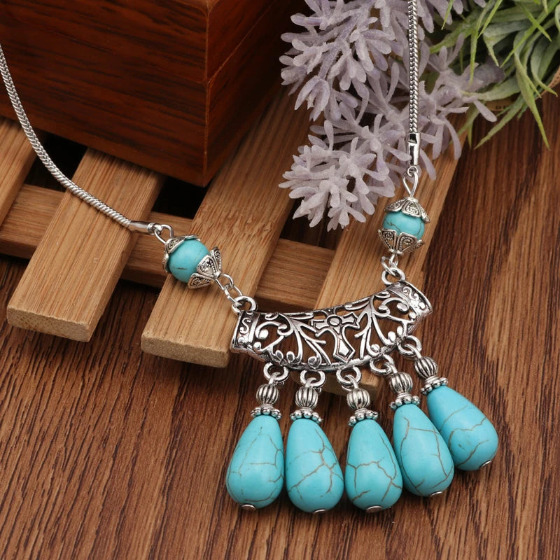 Ethnische Antike Silber Farbe Mond Choker Halsketten für Frauen Boho Türkis Halskette Mädchen Partei Schmuck Geschenke