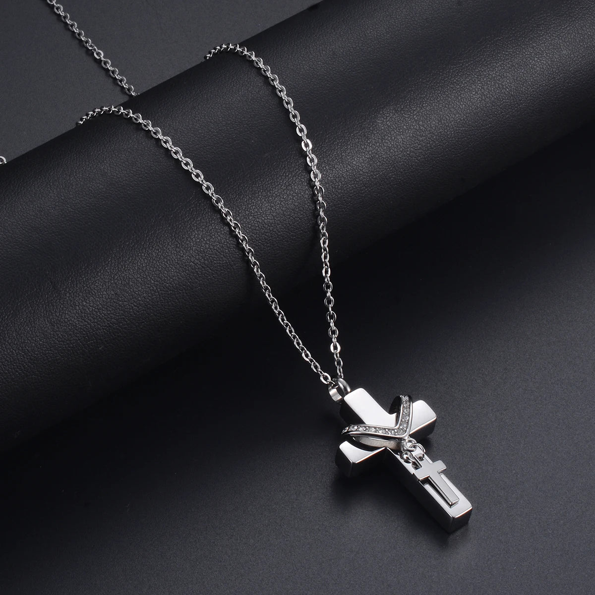 Unisex Edelstahl Feuerbestattung Doppel Kreuz Anhänger Halskette für Asche Memorial Andenken Schmuck Geschenk Dropshipping