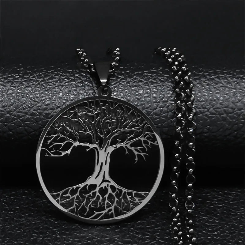 2024 Baum des Lebens Edelstahl Lange Halskette für Männer Schwarz Farbe Halsketten & Anhänger Schmuck cadenas para hombre N834S03