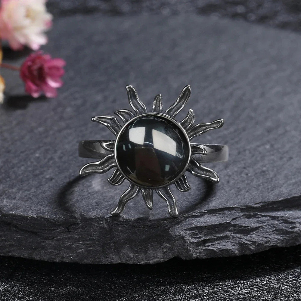Vintage-Ring aus 925er Silber, natürlicher schwarzer Onyx-Ring, kreisförmiger Denier-Typ, Pferdeauge-Design, Geschenk, edler Schmuck, schwarzer Ring für Männer und Frauen