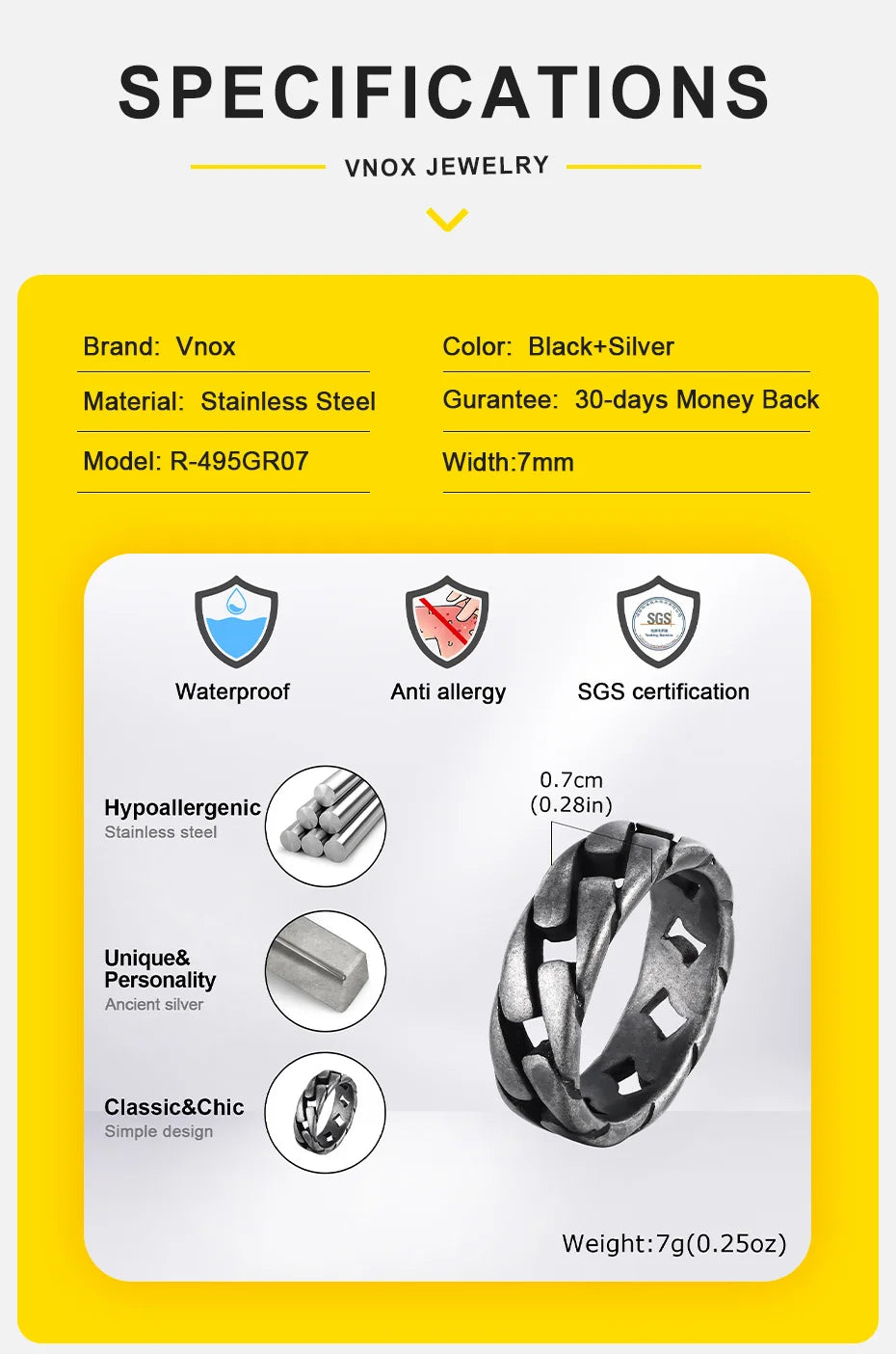 Vnox Herren Vintage oxidierte Edelstahlringe, Gliederförmiges Fingerband, Punk Rock Male Alliance
