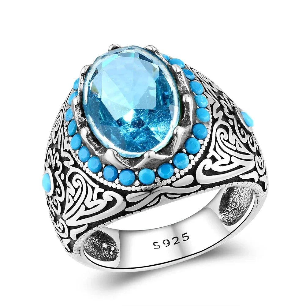Silberring für Männer und Frauen, blauer Zirkon-Fingerring, Vintage-Edelschmuck, Aquamarin-Edelstein-Schmuck, Geschenk
