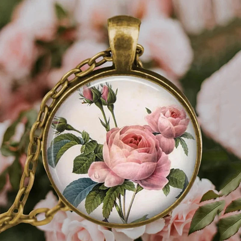Vintage Antik vergoldete bunte süße Erbsenblume Glas Anhänger Halskette für Frauen Schmuck