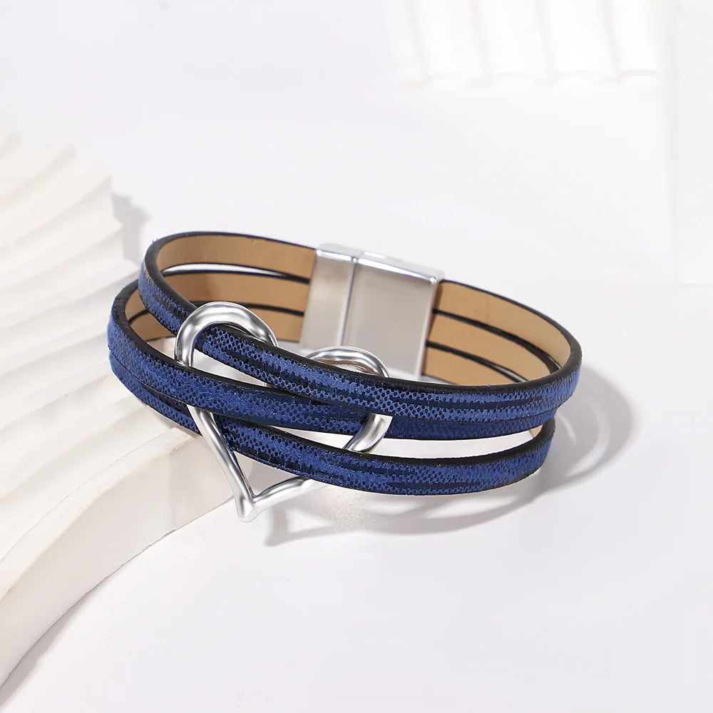 ALLYES Retro Blaue Lederarmbänder für Damen Herren Boho Charm Perle Kristall Herz Mehrschichtiges Wickelarmband & Armreif Schmuck Geschenke