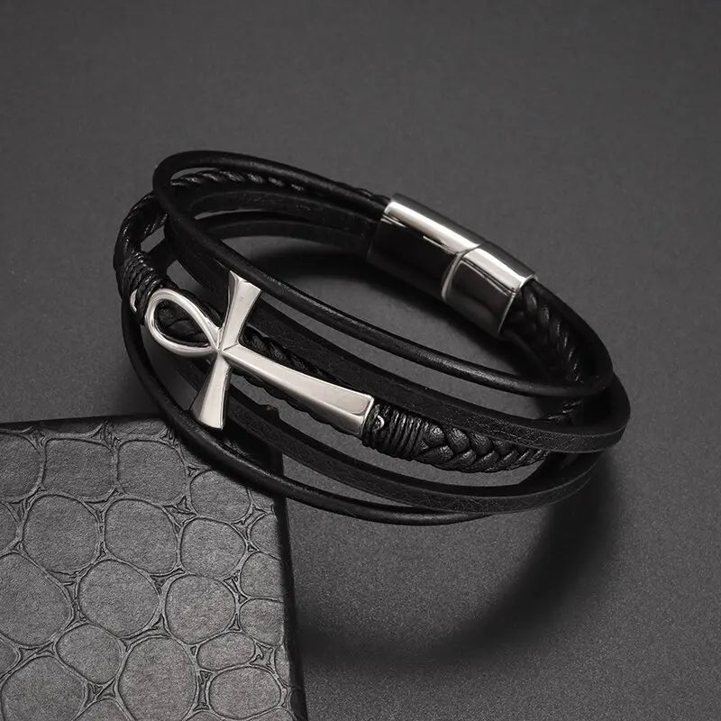 Vintage handgewebtes umweltfreundliches Leder-Kreuzarmband mit Magnetverschluss, modischer Anhänger für Herren, religiöser Amulett-Schmuck