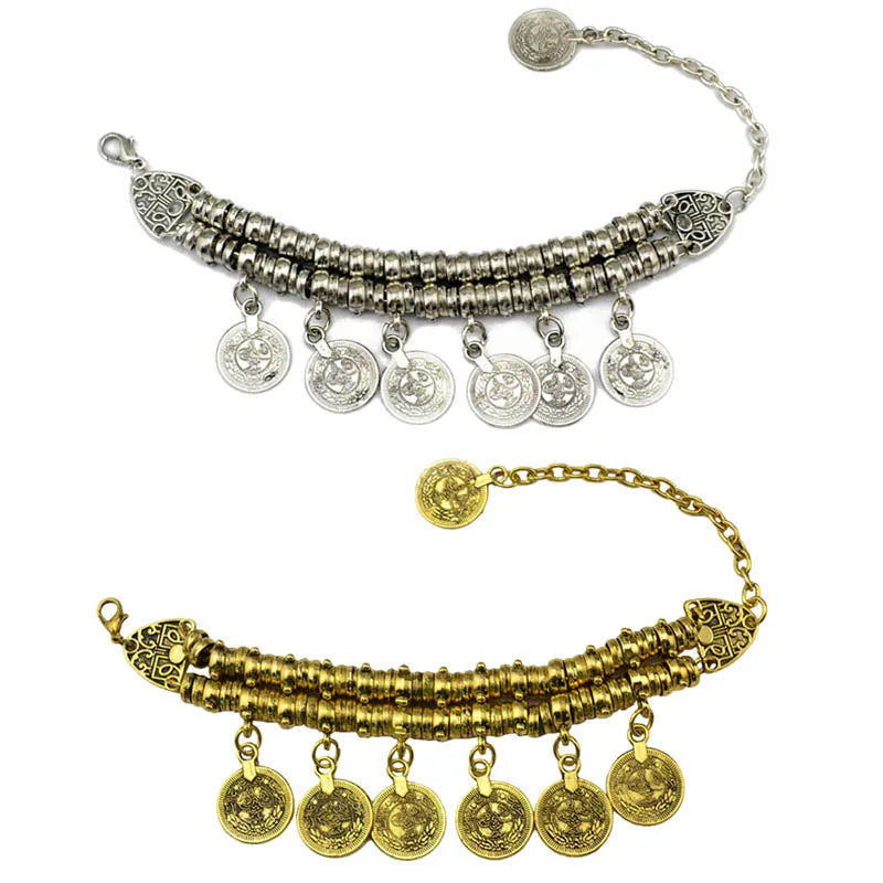 Mode Ethnische Gypsy Paar Armbänder Armreifen Für Frauen Kette Link Münze Charme Quaste Vintage Strand Einstellbare Boho Armbänder