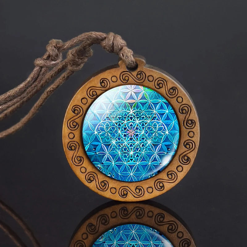 Mandala-Glas-Halskette, Retro-Kunst, Holzanhänger, buddhistische Heilige Geometrie, Schmuck, spirituelles Yoga-Geschenk