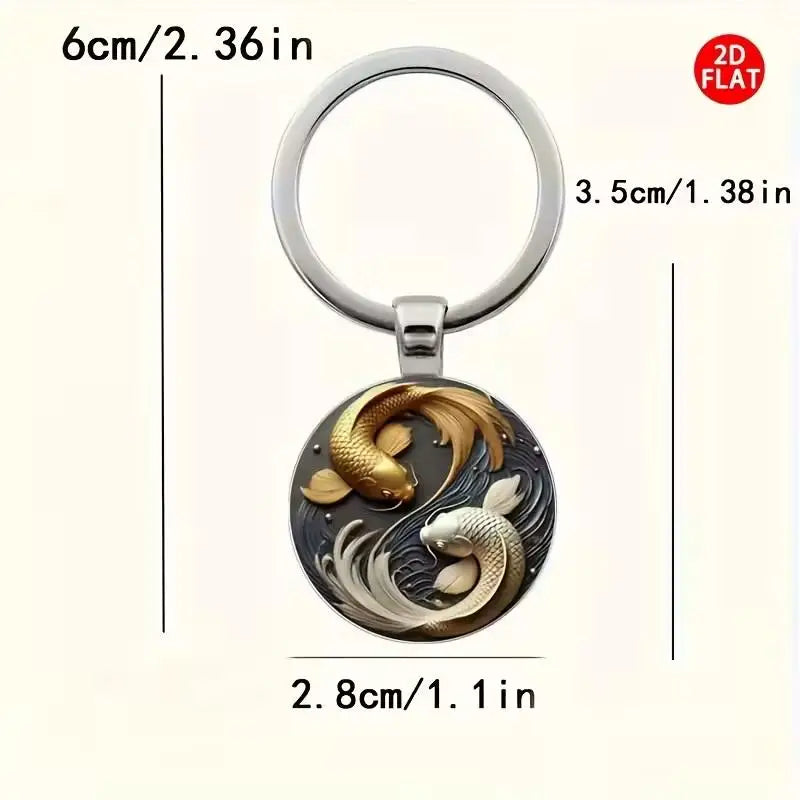 Modischer neuer 2D Yin Yang Koi runder Glas-Schlüsselanhänger, Glücksanhänger, modische Tasche und Autoschlüssel-Dekoration, Weihnachtsgeschenk