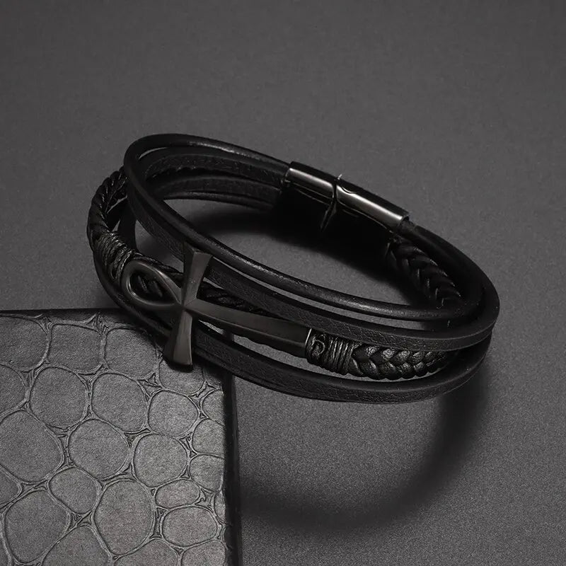 Vintage handgewebtes umweltfreundliches Leder-Kreuzarmband mit Magnetverschluss, modischer Anhänger für Herren, religiöser Amulett-Schmuck