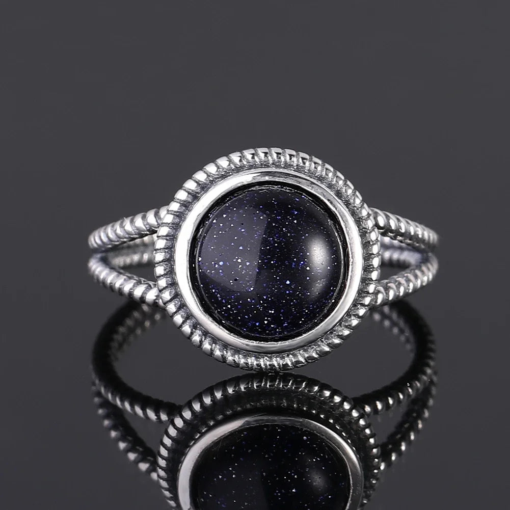 Ring aus 925er-Sterlingsilber, oval, rund, natürlicher blauer Sandstein, Ring für Frauen, Geschenk, Retro-Luxus, edler Schmuck
