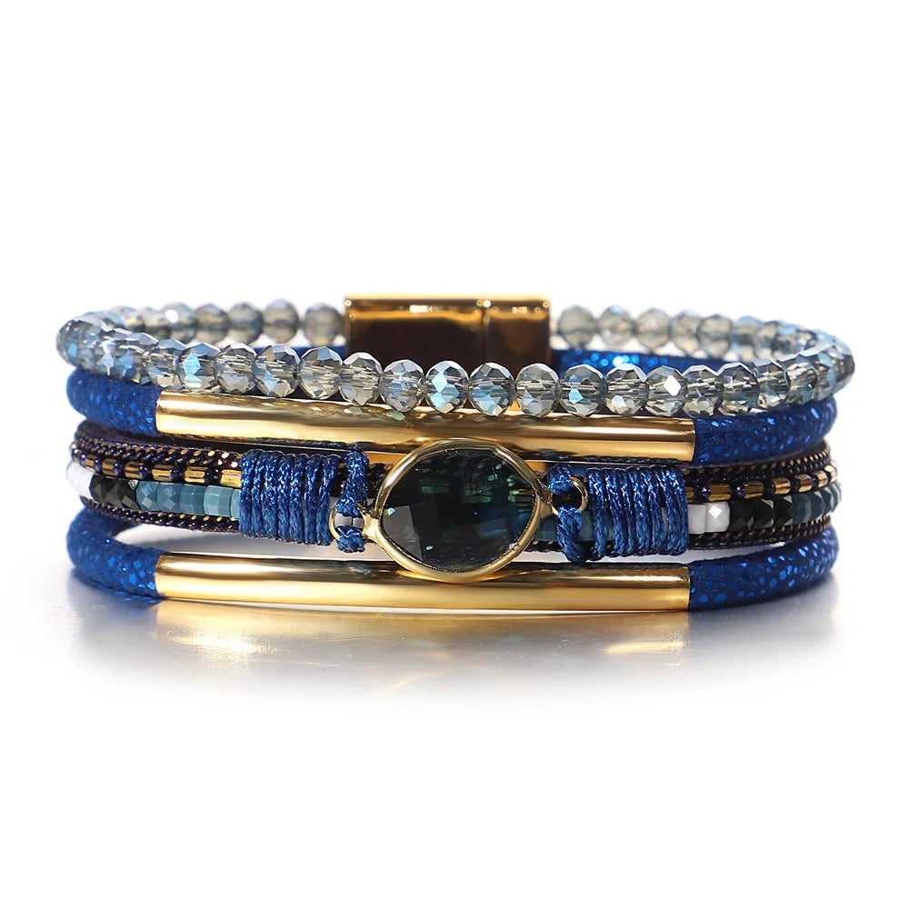 ALLYES Retro Blaue Lederarmbänder für Damen Herren Boho Charm Perle Kristall Herz Mehrschichtiges Wickelarmband & Armreif Schmuck Geschenke