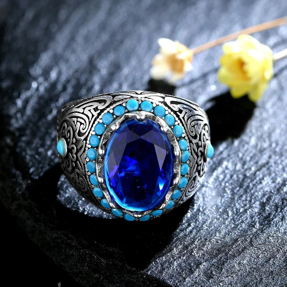 Silberring für Männer und Frauen, blauer Zirkon-Fingerring, Vintage-Edelschmuck, Aquamarin-Edelstein-Schmuck, Geschenk