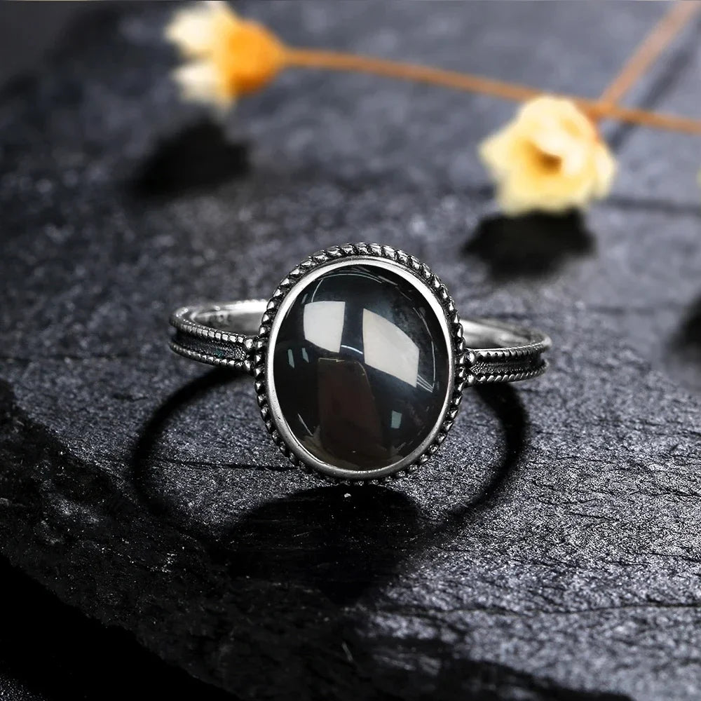 Vintage-Ring aus 925er Silber, natürlicher schwarzer Onyx-Ring, kreisförmiger Denier-Typ, Pferdeauge-Design, Geschenk, edler Schmuck, schwarzer Ring für Männer und Frauen