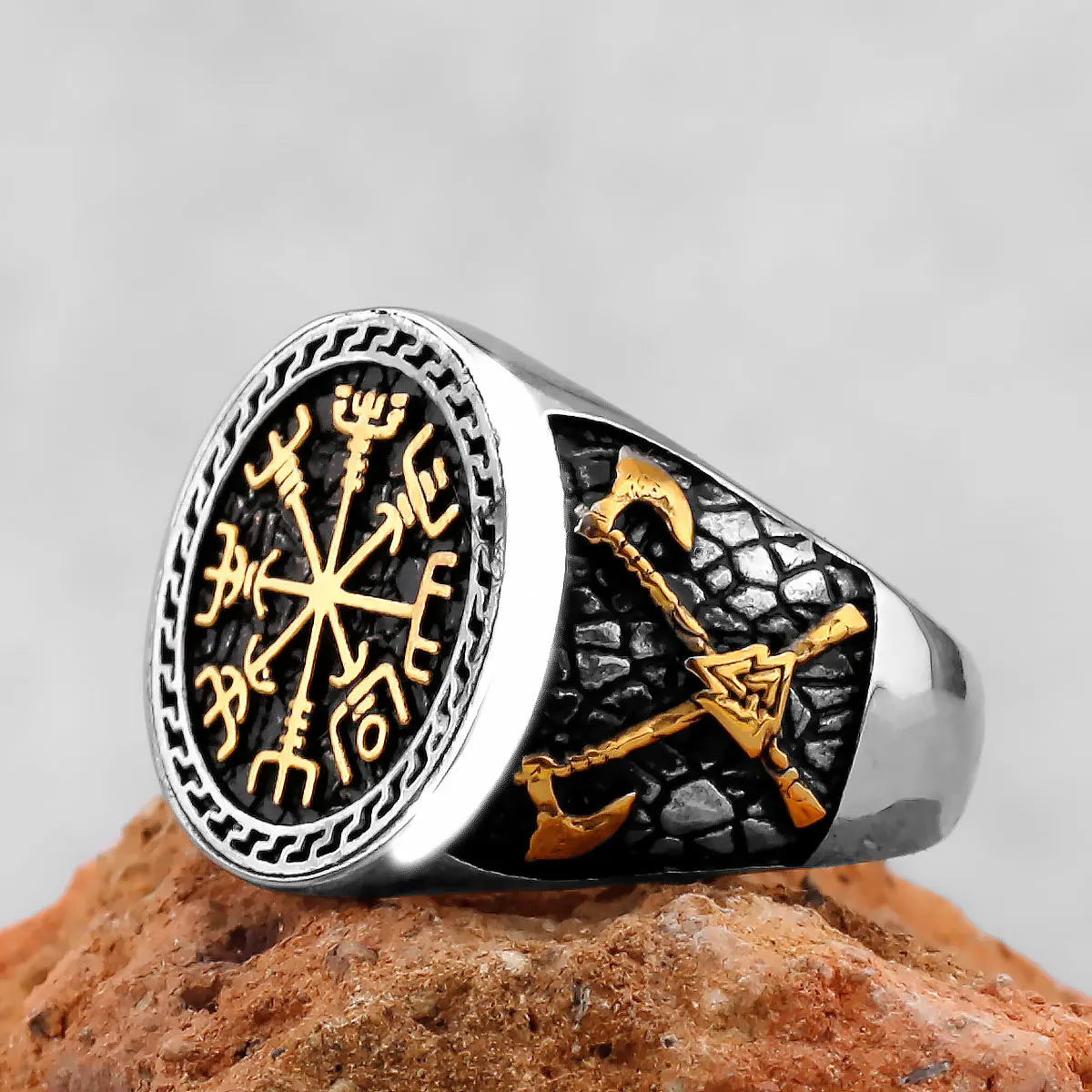 Vintage Viking Edelstahl Kompass Ring Herren Viking Valknut Axt Ring Punk Odin Rune Gold Farbe Ring Schmuck Geschenk Großhandel
