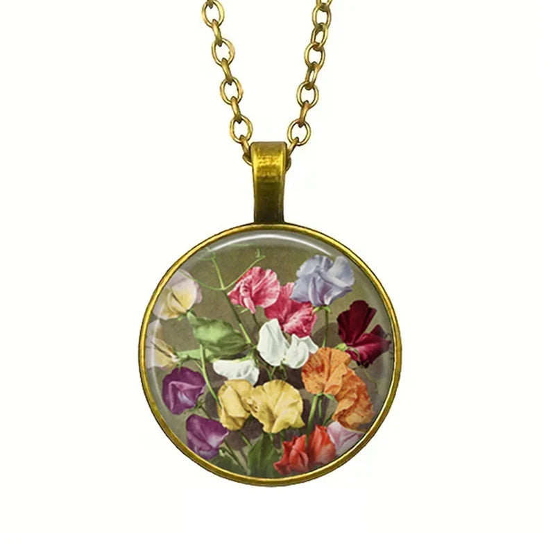 Vintage Antik vergoldete bunte süße Erbsenblume Glas Anhänger Halskette für Frauen Schmuck