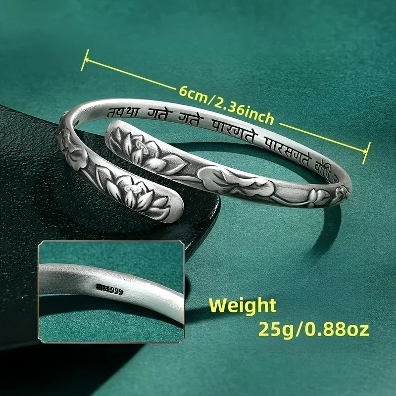 Vintage 925 Thai Silber Lotusblume Manschettenarmband für Frauen Om Mani Padme Hum Buddhismus Ethnischer verstellbarer Armreif Schmuck