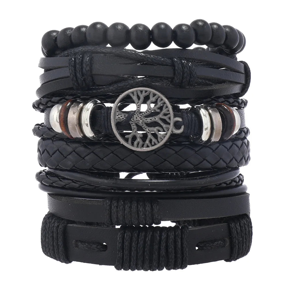 Punk Casual Bead6 Teil/satz Baum Schwarz Khaki Handgemachte Männer Armbänder Männlichen Frauen Leder Armbänder Männer Armreif Großhandel Schmuck Geschenk