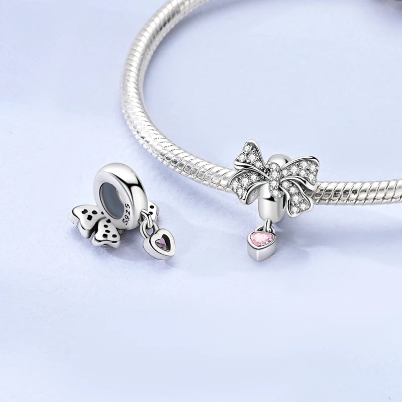 Rosa Charms aus 925er-Sterlingsilber, Perlen, Schmetterling, Parfümflasche, Krone, herzförmiger Zirkon, Charms für Frauen, feiner DIY-Schmuck, Geschenke