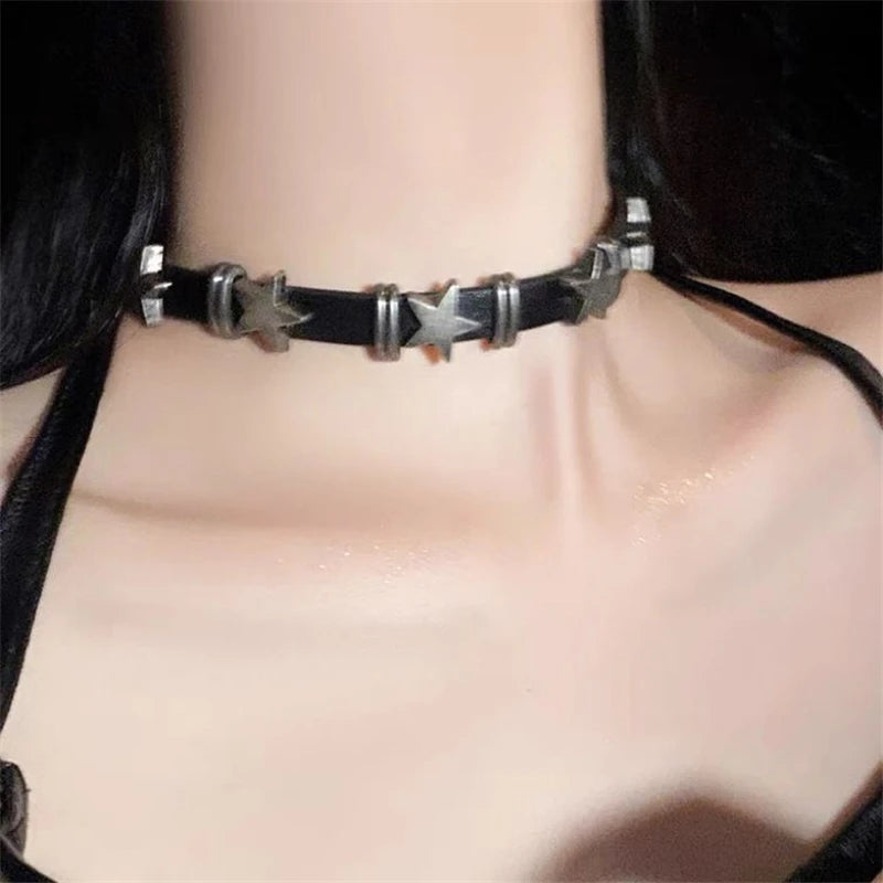Vintage Y2k Ästhetische Pentagramm Stern Anhänger Silber Farbe Halsband Kette Halskette Für Frauen Coole Hip Hop Schmuck Charme Zubehör