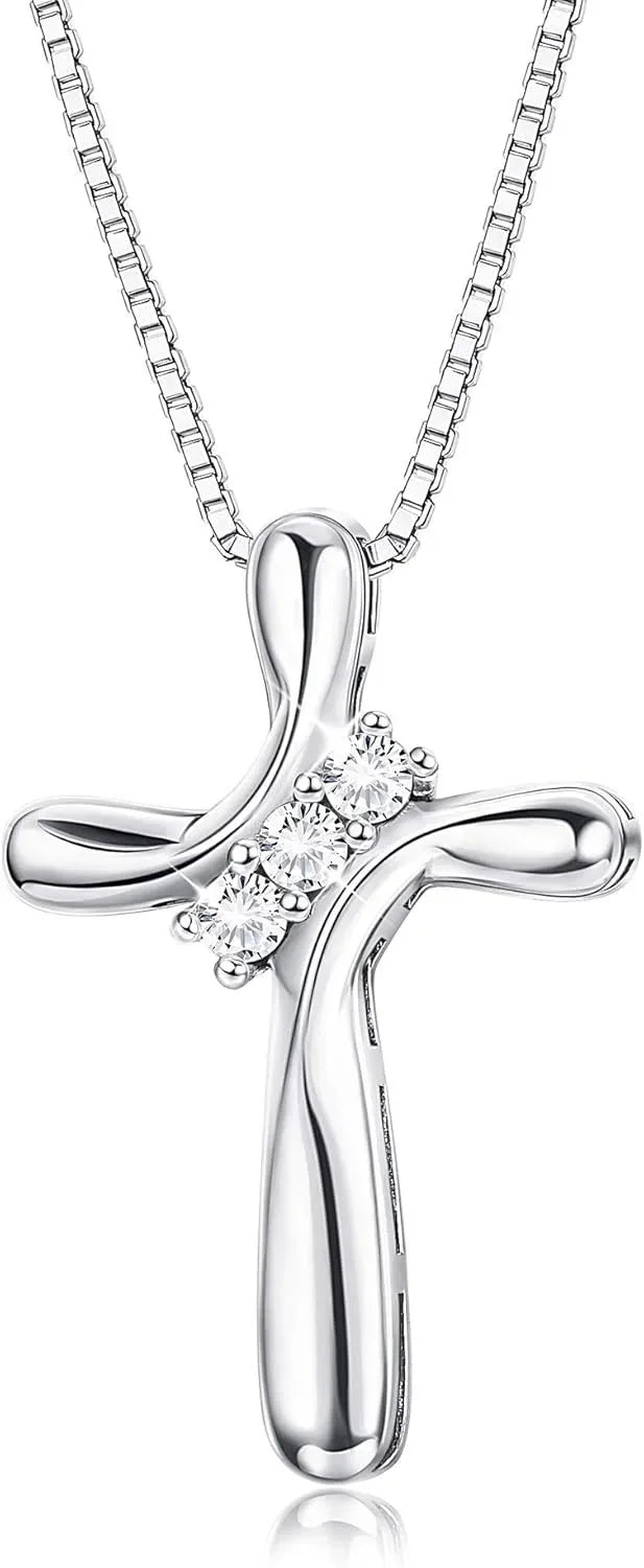 925 Sterling Silber Kreuz Halskette für Frauen 3 Stein Zirkonia Silber Kreuz Anhänger Halsketten mit 1 MM Box Kette, 18 Zoll
