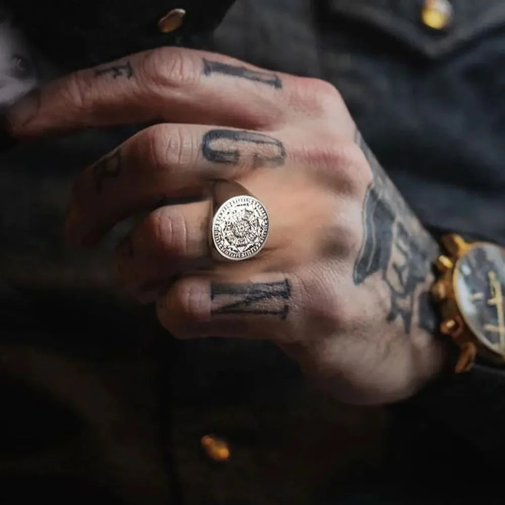 YILUOCD Siegel der sieben Erzengel-Ringe für Männer Der Schlüssel des Salomon-Rings Kabbalah Talisman Amulett Edelstahl Herrenschmuck
