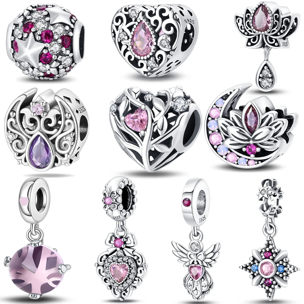 Herzform Heißer Verkauf Klassisch Lila Retro 925 Silber Lotus Engel Muster Charms Perlen Fit 3mm Original Armband DIY schmuck Geschenk