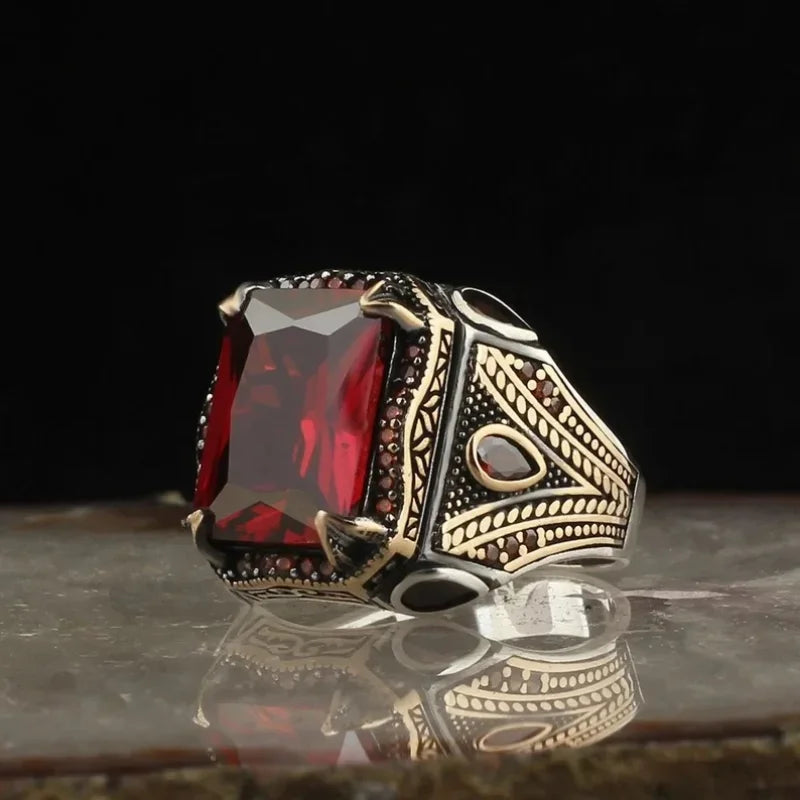 Retro handgemachte türkische Siegelringe für Männer alte silberne Farbe geschnitzten Ring mystischen Zirkon Inlay neuen Punk Motor Biker Ring