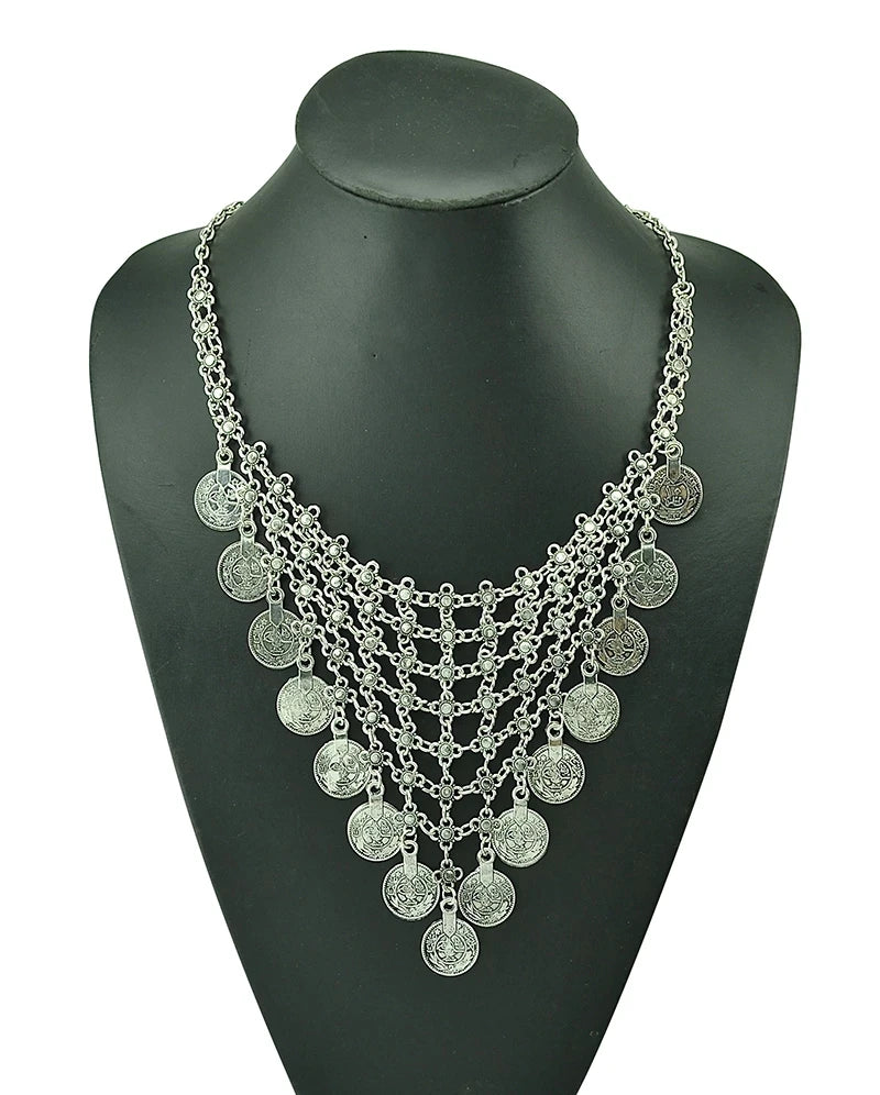 Afghanische Vintage Silber Farbe Legierung Halsketten Perlen Geometrische Form Münze Quaste Anhänger Klobige Halsketten für Boho Gypsy Türkisch