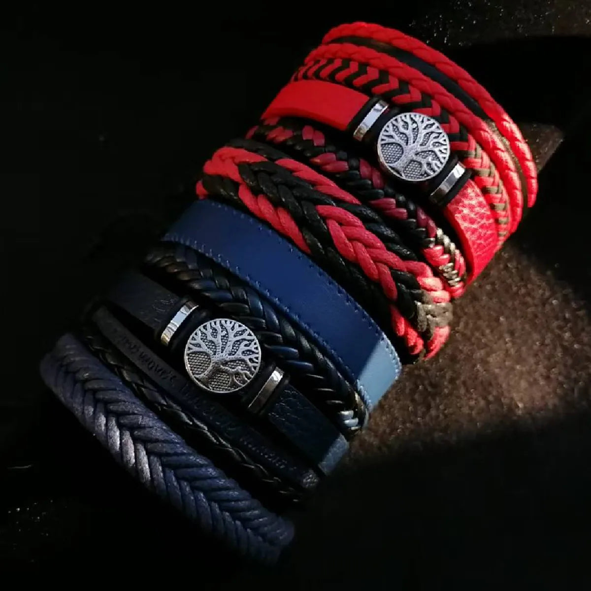 Punk Casual Bead6 Teil/satz Baum Schwarz Khaki Handgemachte Männer Armbänder Männlichen Frauen Leder Armbänder Männer Armreif Großhandel Schmuck Geschenk