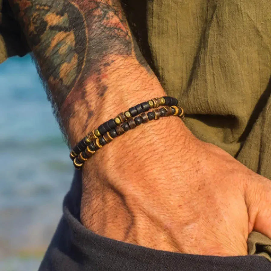 1PC Pulseras Hombre Vintage Tribal Holz Perlen Mann Armbänder Pulseiras Masculina Lava Stein Perlen Männliche Armbänder Homme