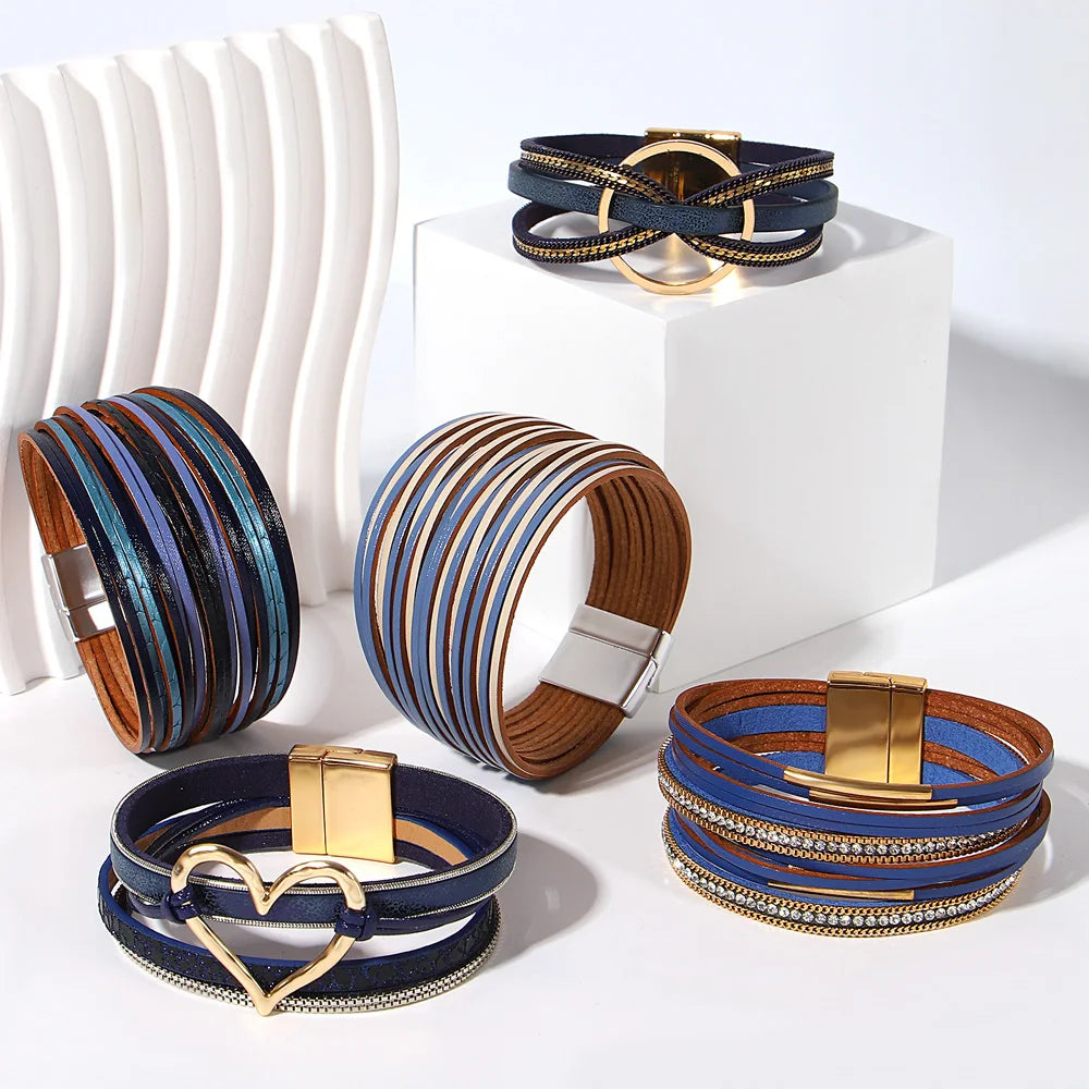 ALLYES Retro Blaue Lederarmbänder für Damen Herren Boho Charm Perle Kristall Herz Mehrschichtiges Wickelarmband & Armreif Schmuck Geschenke