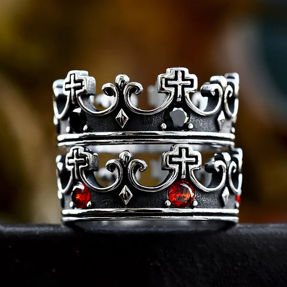 Vintage Kreative 316L Edelstahl Kreuz Krone Ring Mit Roten Steinen Für Männer Frau Einfache Party Mode Christentum Schmuck