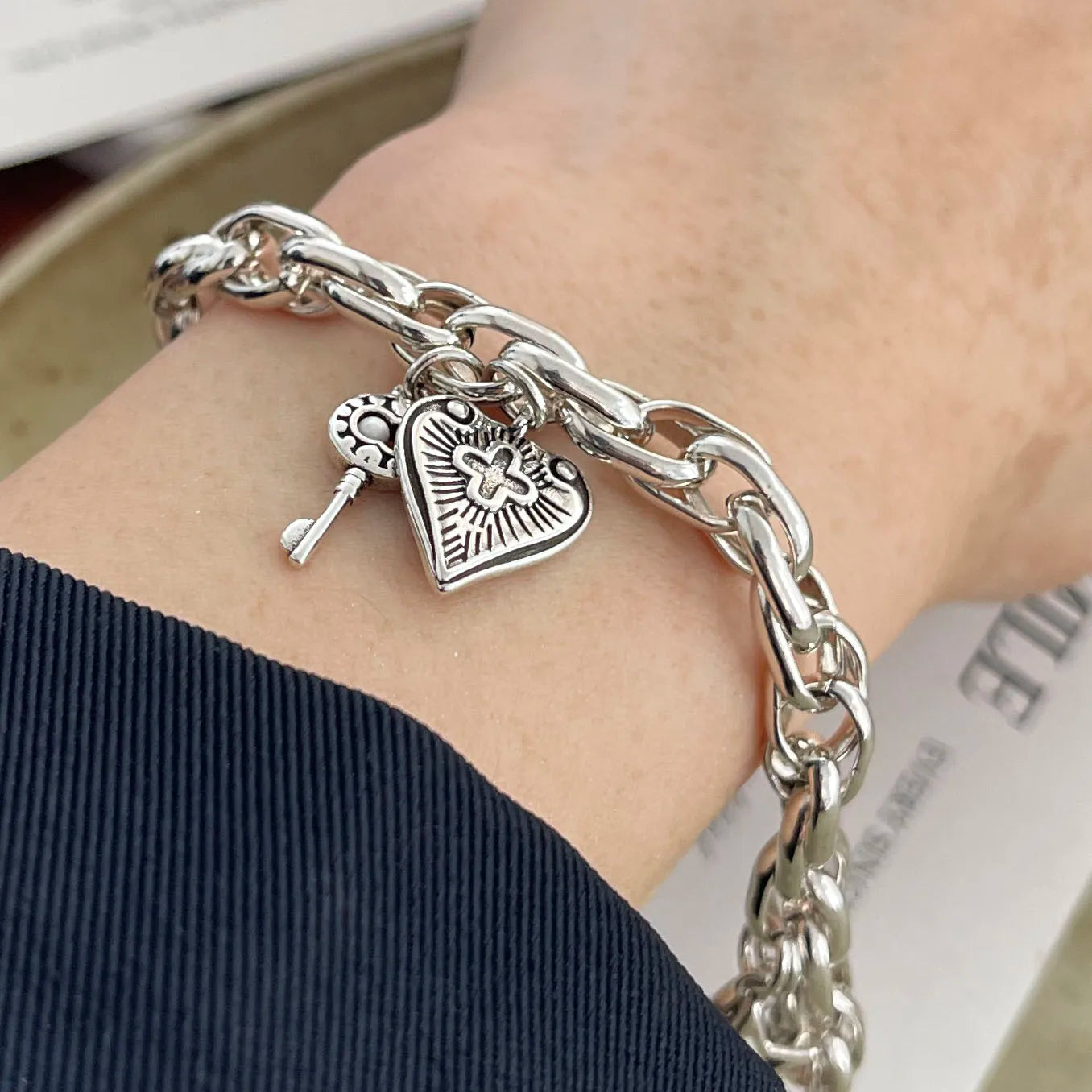 100 % massives 925er-Sterlingsilber-Retro-Armband für Damen und Herren, Vintage, handgefertigt, Vintage-Stil, Herz-Kreuz-Muster-Armband, Geburtstagsgeschenk
