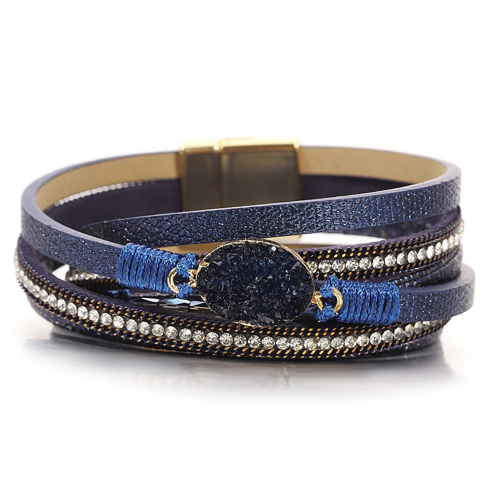 ALLYES Retro Blue Leather Bracelets for Women Men Boho Charm Pearl Crystal Heart Multilayer Wrap Bracelet & Bangle Jewelry Gifts