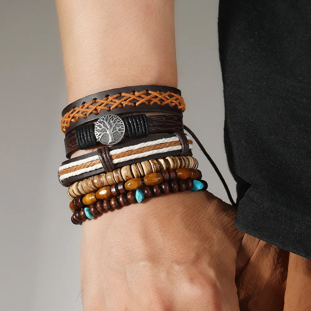 Punk Casual Bead6 Teil/satz Baum Schwarz Khaki Handgemachte Männer Armbänder Männlichen Frauen Leder Armbänder Männer Armreif Großhandel Schmuck Geschenk