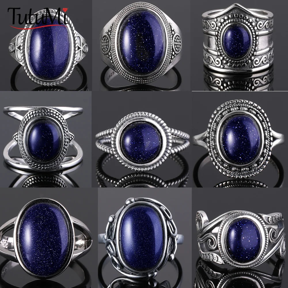 Ring aus 925er-Sterlingsilber, oval, rund, natürlicher blauer Sandstein, Ring für Frauen, Geschenk, Retro-Luxus, edler Schmuck