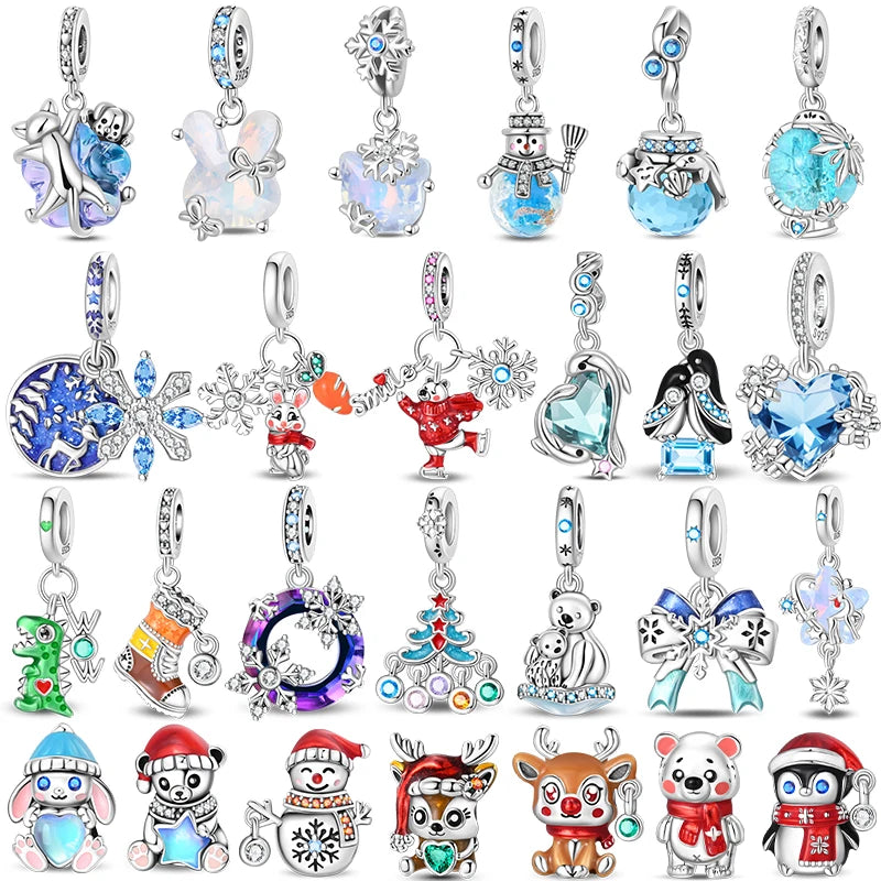 Winter-Charm, Original-Charm-Anhänger aus 925er-Sterlingsilber, Schneeflocke, Schneemann, Pinguin, für Frauen, feiner DIY-Geburtstagsschmuck, Geschenke