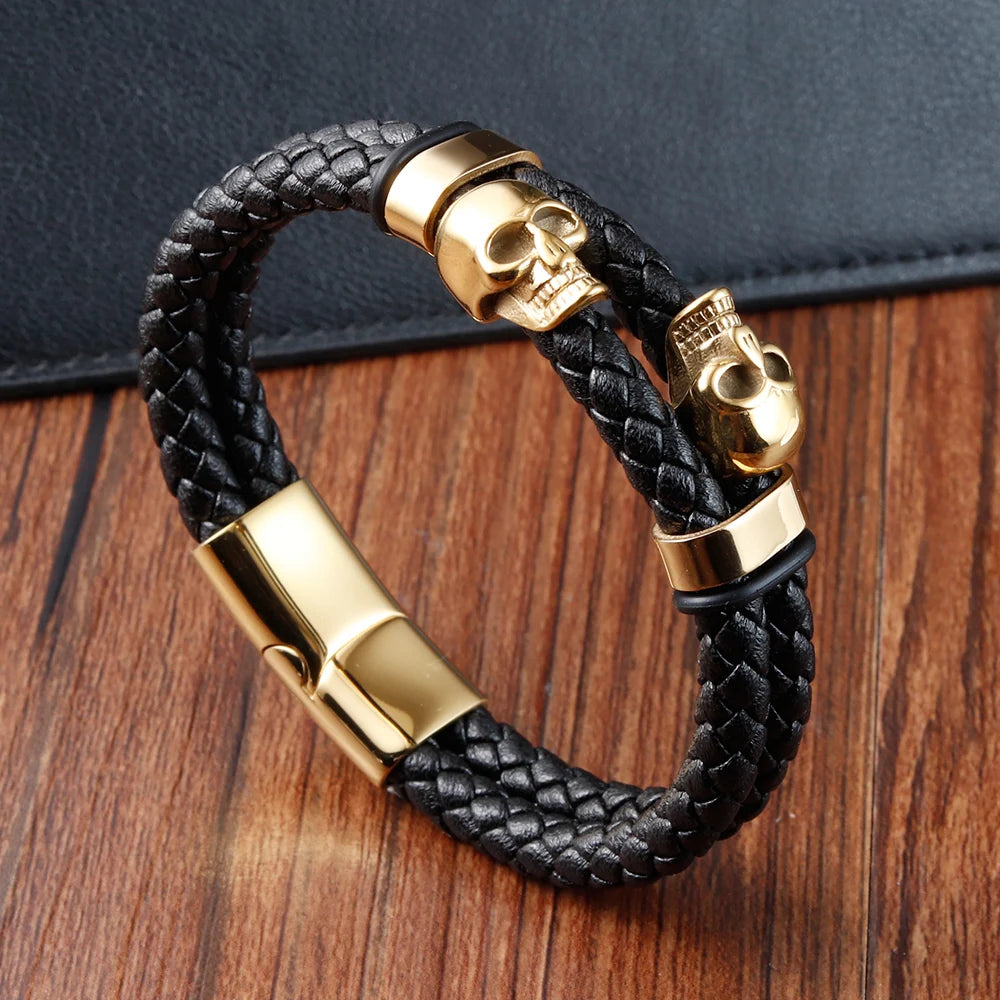 Übertreibung Männer Schmuck Schwarz Geflochtene Leder Armbänder Edelstahl Leder Armbänder Coole Schädel Armbänder Männer Armband